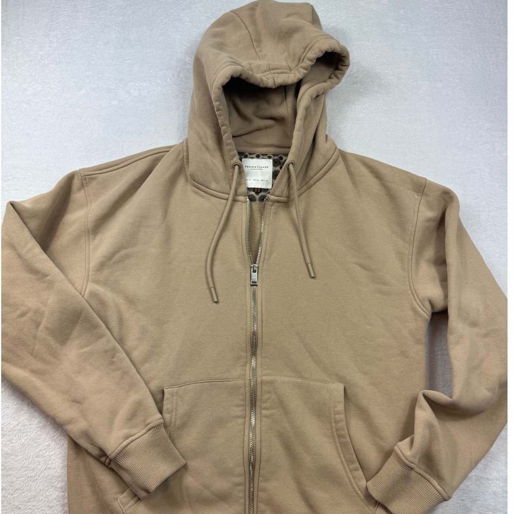 Denim & Flower Ricky Singh Mens Full Zip Hoodie Tan Khaki Sweatshirt Size Medium